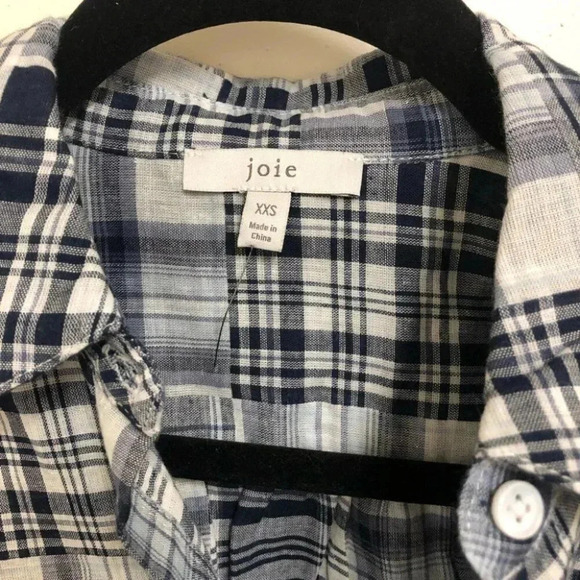 Joie Navy and White  Plaid Button Up Rolled Sleeve Top Size XXS NWOT - Picture 2 of 9